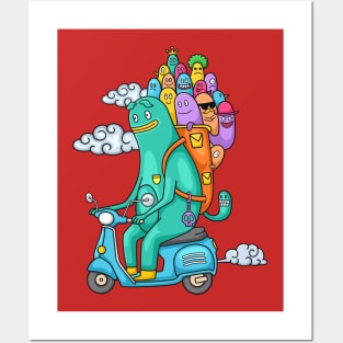 funny monster doodle riding motorcycle Posters and Art